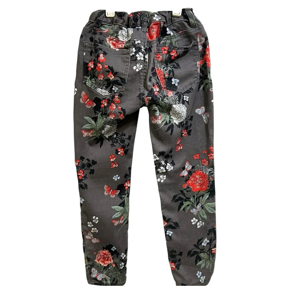 GAP Girls Floral Stretch Jeggings Size 8 Gray Pink Adjustable Waist